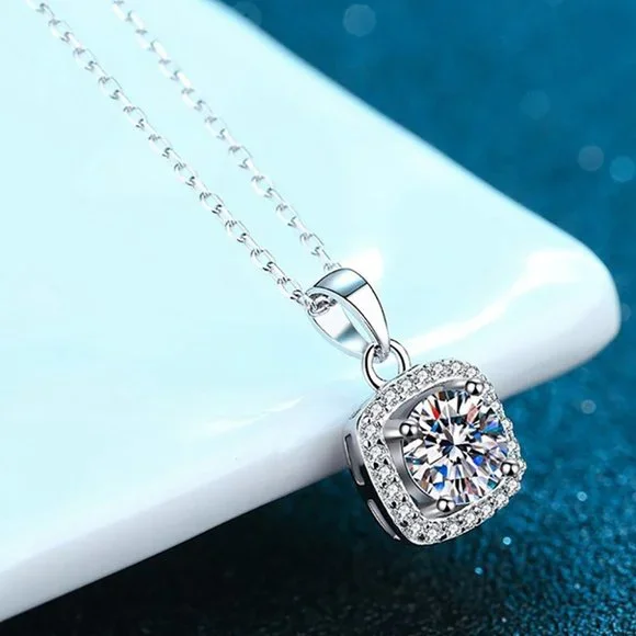 Certified 5ct. t.w. Moissanite Diamond Square Halo Necklace NEW - Picture 4 of 11